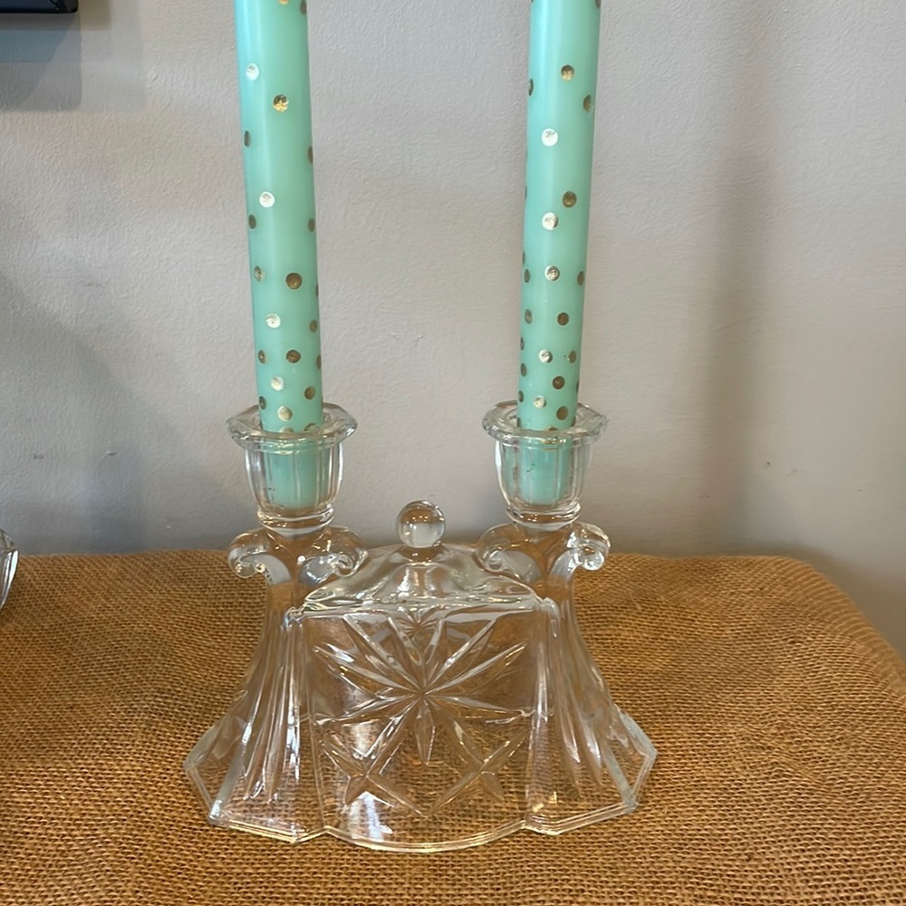 Vintage glass starburst pattern double candlestick holder